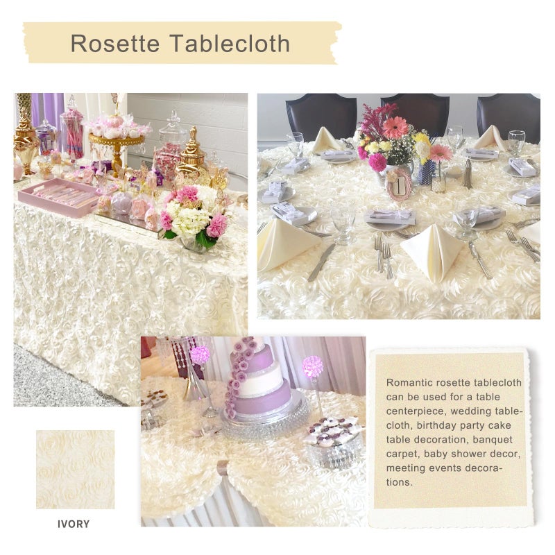 FanQiSi 3D Satin Rosette Rectangle Tablecloth 90 x132 Inches Ivory Satin Raised Rosettes Tablecloth for Wedding Baby Shower Event Decoration - Image 5